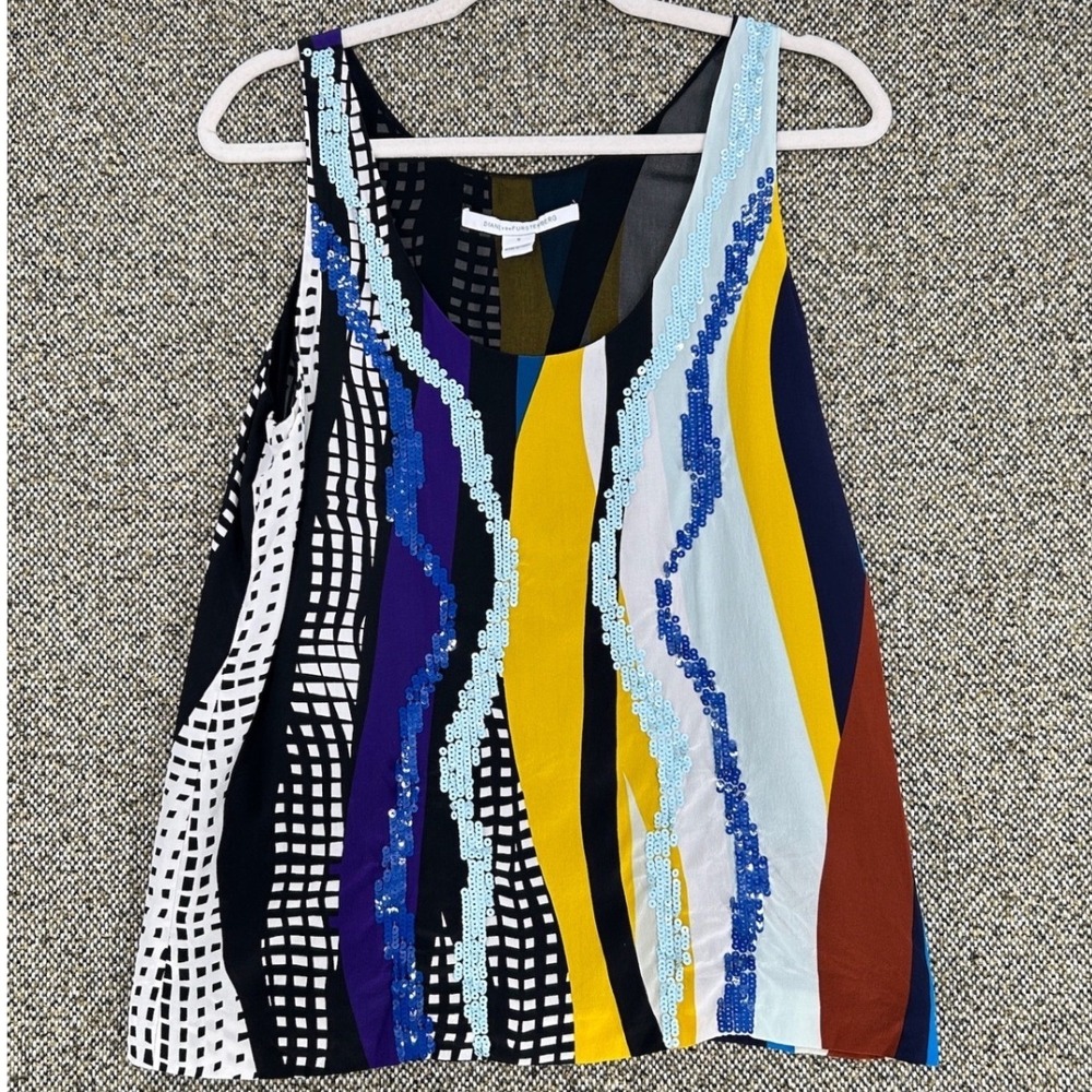 Modern Diane von Furstenberg Abstract Sequin Silk Tank Top Geometric Multi S